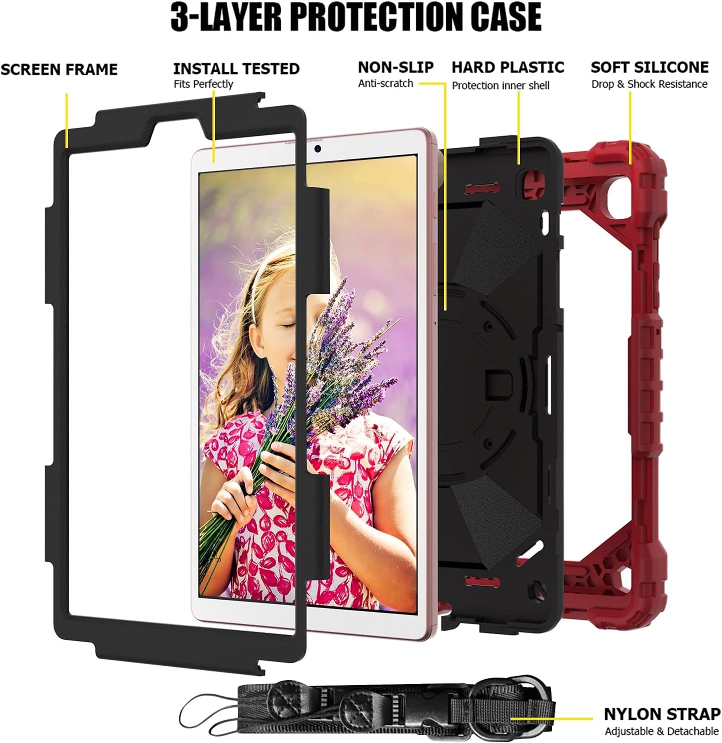 Case for Galaxy Tab A7 Lite 8.7 Case, Heavy Duty Rugged Full-Body Hybrid Shockproof Drop Protection Cover for Samsung Galaxy Tab A7 Lite 8.7 2021 Model SM-T220 / SM- T225 (8-Red+Black)