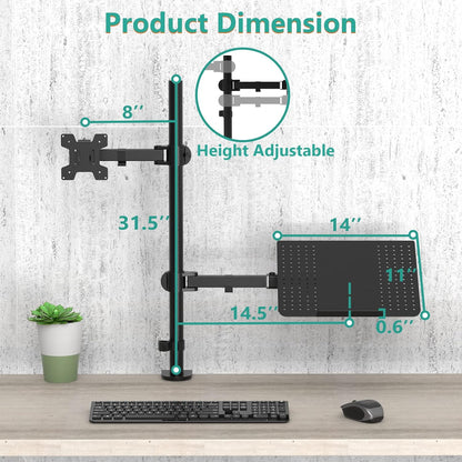 Laptop and Monitor Mount Stand, Extra Tall Single Monitor Desk Mount with Tray for 1 Laptop Notebook up to 17 Inch and 1 LCD Monitor Mount up to 32 Inch, Weight up to 22Lbs (M001XLLP), Black