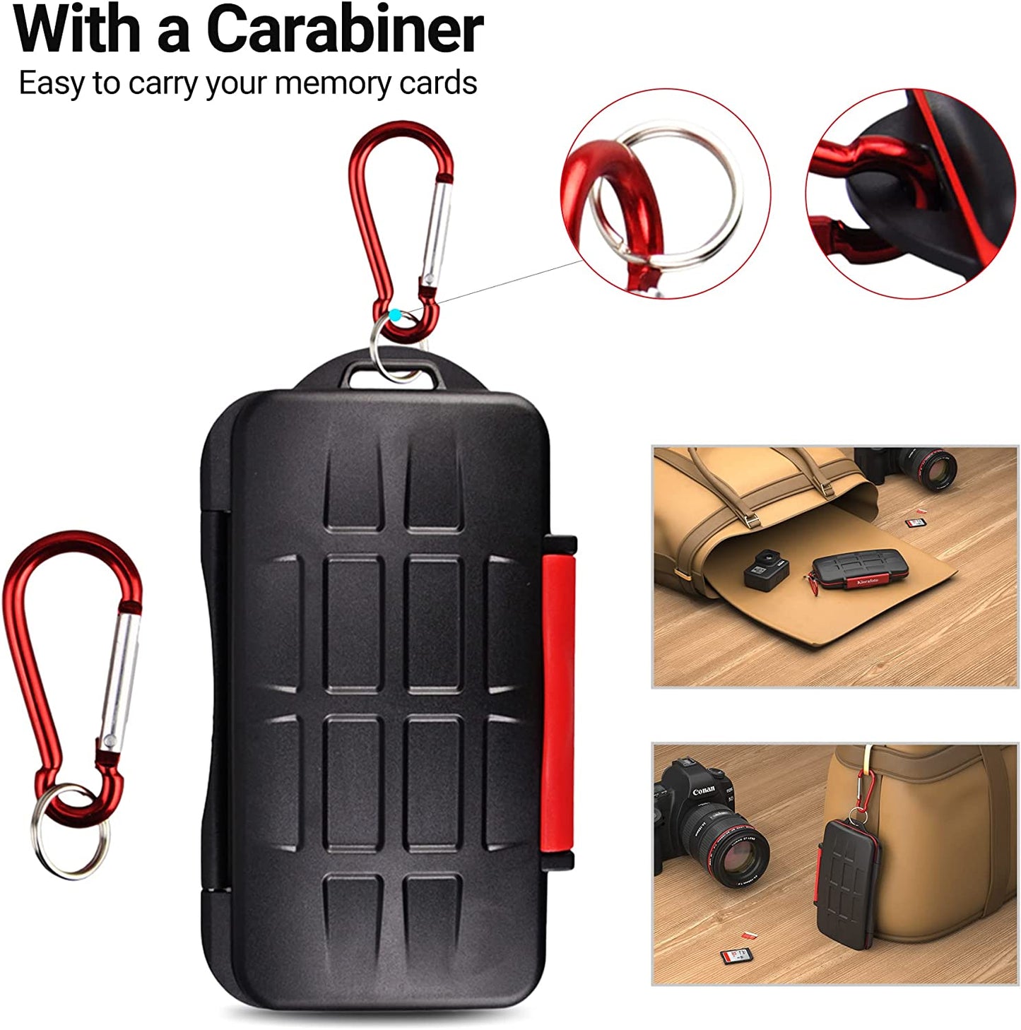 Professional Water-Resistant Anti-Shock Holder Storage SD SDHC SDXC TF Memory Card Case Protector Cover with Carabiner for 12SD Cards & 12 Micro SD Cards