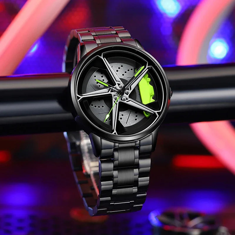 Sports Car Wheel Hub Men Watch Waterproof Rotate Watches Rim Watch Spinning Men'S Sports 360° Rotate Wheel Watches for Men Clock