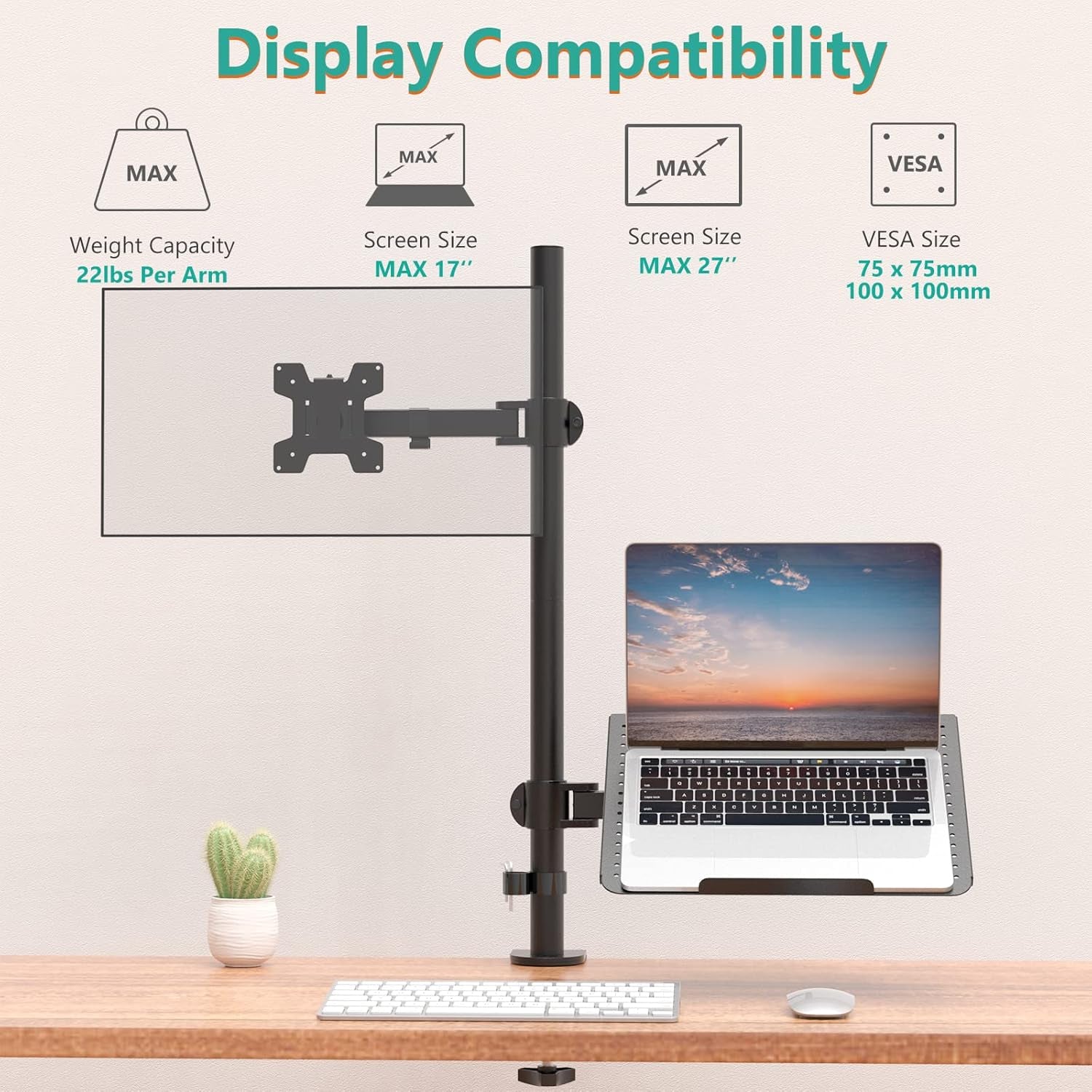 Laptop and Monitor Mount Stand, Extra Tall Single Monitor Desk Mount with Tray for 1 Laptop Notebook up to 17 Inch and 1 LCD Monitor Mount up to 32 Inch, Weight up to 22Lbs (M001XLLP), Black