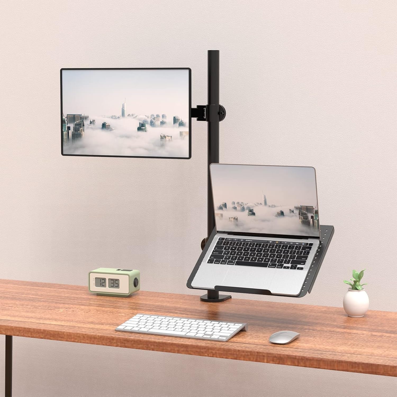 Laptop and Monitor Mount Stand, Extra Tall Single Monitor Desk Mount with Tray for 1 Laptop Notebook up to 17 Inch and 1 LCD Monitor Mount up to 32 Inch, Weight up to 22Lbs (M001XLLP), Black