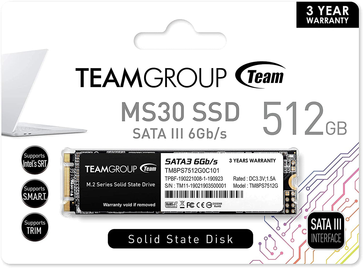 MS30 512GB with SLC Cache 3D NAND TLC M.2 2280 SATA III 6Gb/S Internal Solid State Drive SSD (Read/Write Speed up to 530/430 Mb/S) Compatible with Laptop & PC Desktop TM8PS7512G0C101