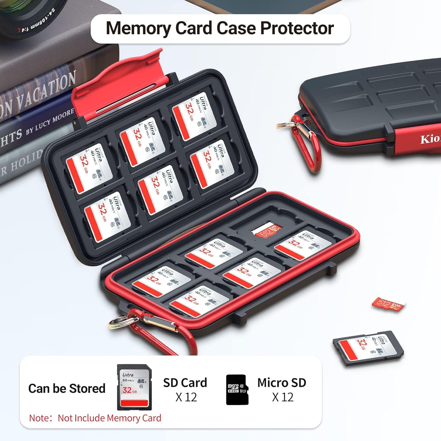 Professional Water-Resistant Anti-Shock Holder Storage SD SDHC SDXC TF Memory Card Case Protector Cover with Carabiner for 12SD Cards & 12 Micro SD Cards