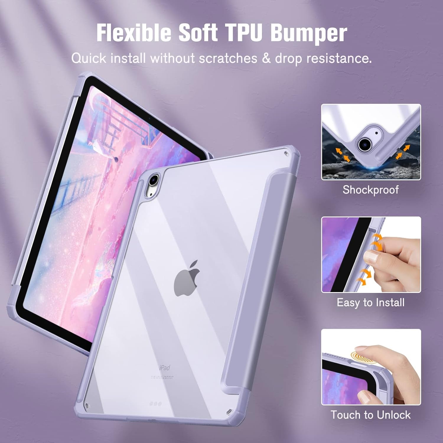 Hybrid Slim Case for Ipad Air 11-Inch M2 (2024), Ipad Air 5Th / 4Th Generation (2022/2020) 10.9 Inch -Shockproof Cover with Clear Back Shell & Pencil Holder, Lilac Purple