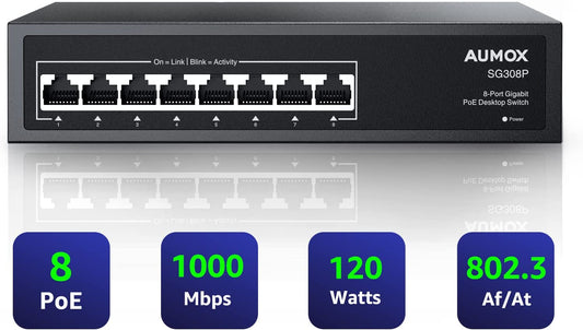 8 Port Gigabit Poe Switch, 8 Port Poe 120W, Gigabit Ethernet Unmanaged Network Switch, Plug and Play, Sturdy Metal Housing, Traffic Optimization