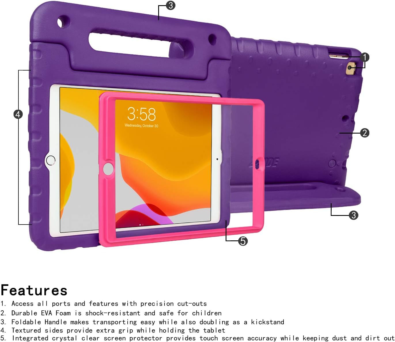 Case for Ipad 9Th Generation 10.2 Inch for Kids with Built-In Screen Protector Shockproof Cover with Handle Stand Fits 2021 9Th Gen, 2020 8Th, 2019 7Th Models Purple