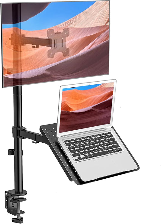 Laptop and Monitor Mount Stand, Extra Tall Single Monitor Desk Mount with Tray for 1 Laptop Notebook up to 17 Inch and 1 LCD Monitor Mount up to 32 Inch, Weight up to 22Lbs (M001XLLP), Black